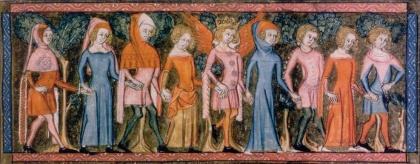 Nobles dansant la farandole avec des vêtements près du corps, des cottes courtes pour les hommes et de grands décolletés pour les femmes. On remarque aussi les chaperons, coiffes typiques du Moyen Âge.