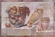 Fresque romaine représentant des vases et des fruits. Pompéi, vers 70 av. J.-C.